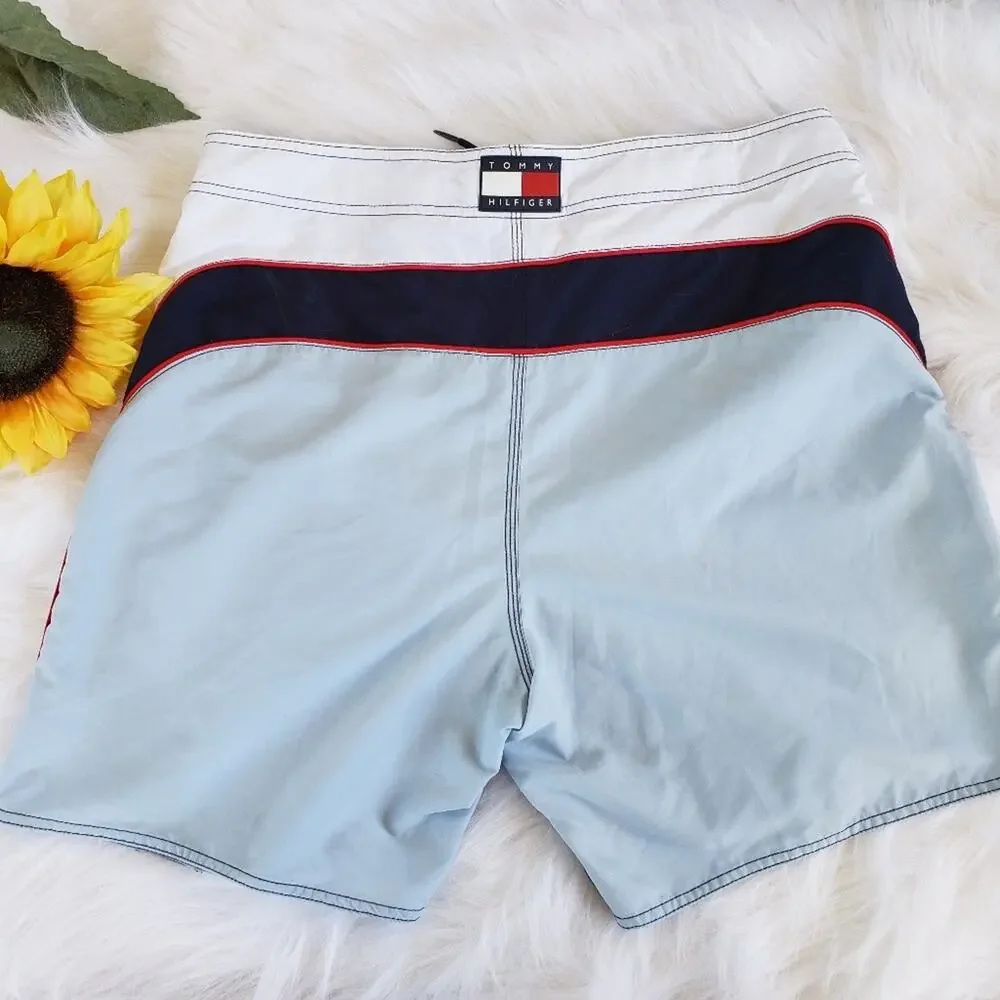 Vintage big‎ block logo Tommy Hilfiger mesh lined swim shorts men's size large